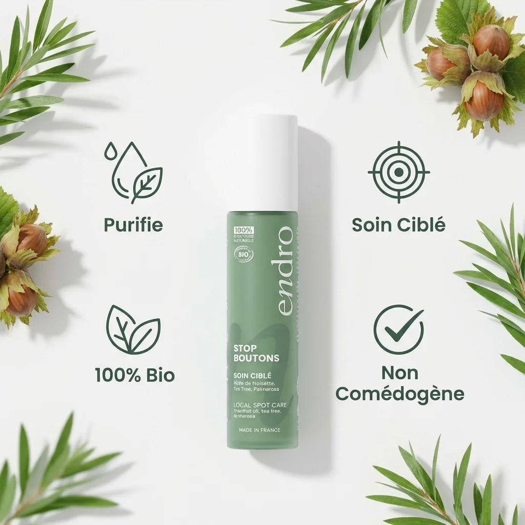 Stop Boutons 30ml Endro - Soin purifiant bio non comédogène avec icônes bénéfices