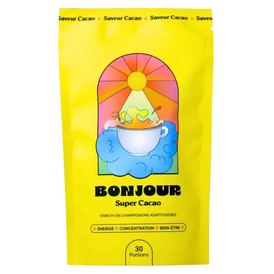 Un sachet de Bonjour Drink Super Café aux champignons adaptogènes, Saveur Cacao décaféïné