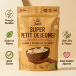 Iswari Super Petit Déjeuner Banane Beurre Cacahuète 360g avec icônes bénéfices bio vegan sans gluten