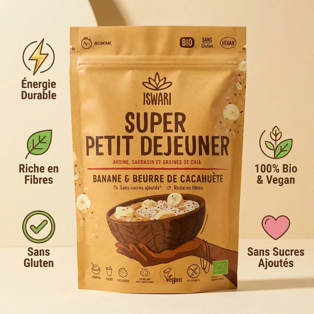 Iswari Super Petit Déjeuner Banane Beurre Cacahuète 360g avec icônes bénéfices bio vegan sans gluten
