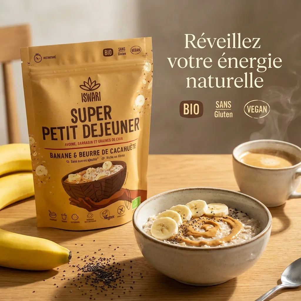 Iswari Super Petit Déjeuner Banane Beurre de Cacahuète 360g avec porridge, bananes et café