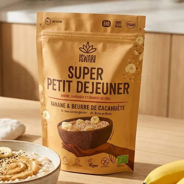 Super Petit Déjeuner Banane Beurre de Cacahuètes Iswari 360g en porridge avec banane et beurre de cacahuète