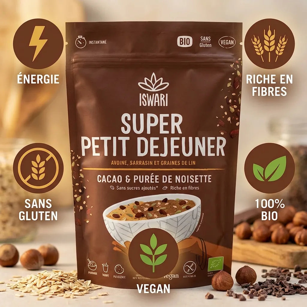 Iswari Super Petit Déjeuner Cacao Purée Noisettes 360g avec icônes bio, vegan, sans gluten