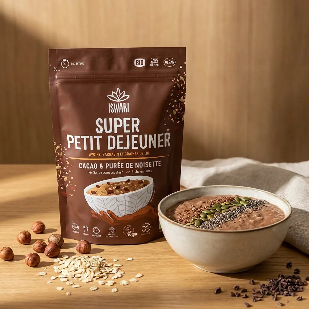 Iswari Super Petit Déjeuner Cacao Purée Noisettes 360g avec porridge chocolat noisette servi
