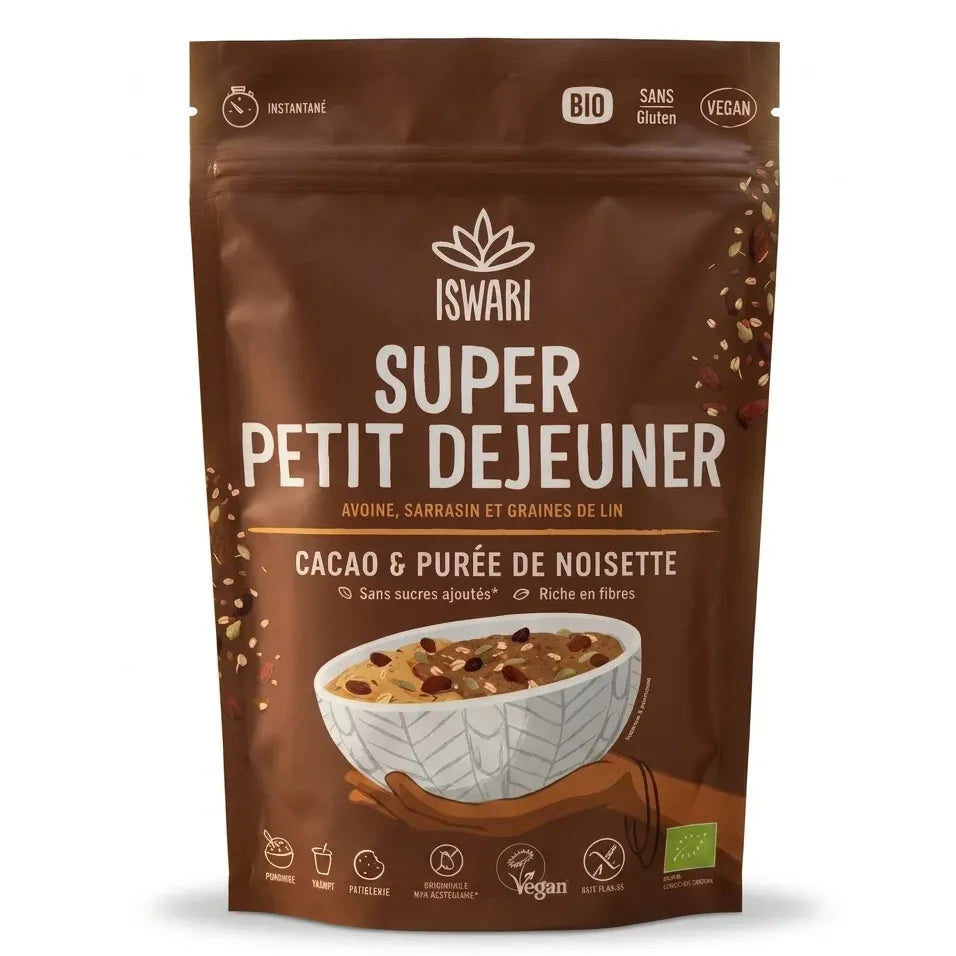 Iswari Super Petit Déjeuner Cacao Purée de Noisettes 360g sachet kraft refermable