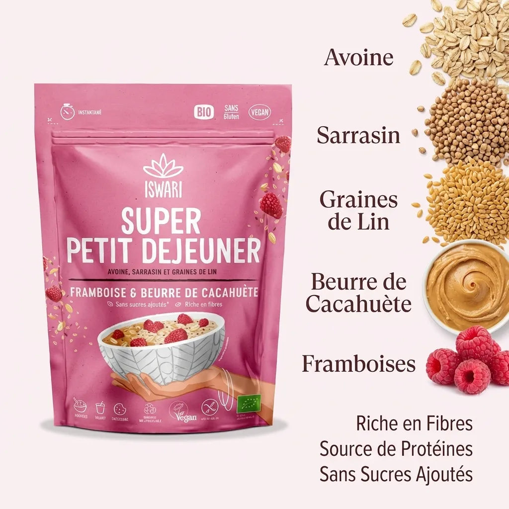 Iswari Super Petit Déjeuner framboise beurre cacahuète bio avec ingrédients et bénéfices nutritionnels