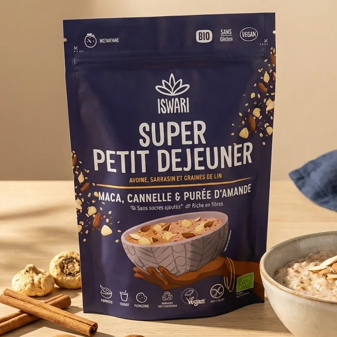 Iswari Super Petit Déjeuner Maca Cannelle Purée Amandes 360g avec porridge et amandes