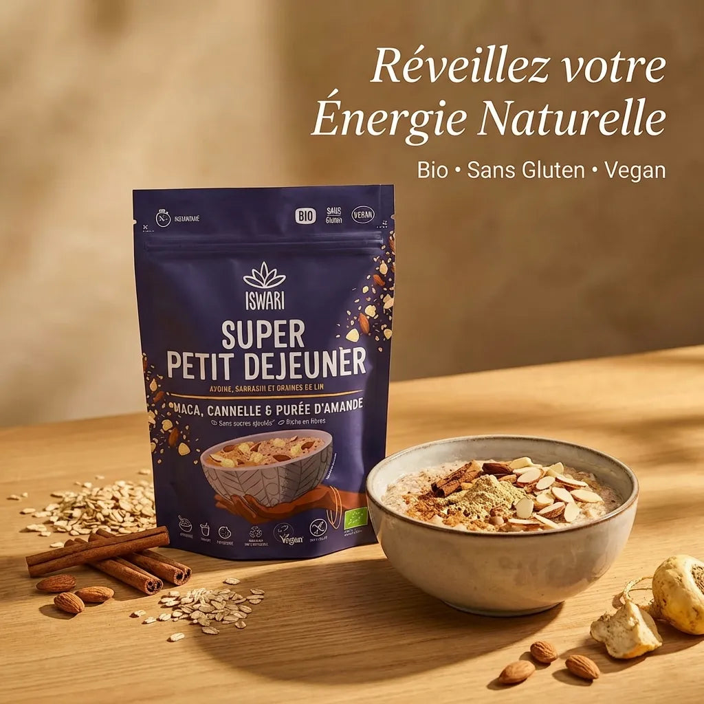 Petit déjeuner Maca Iswari en porridge avec amandes, cannelle et ingrédients bio sans gluten