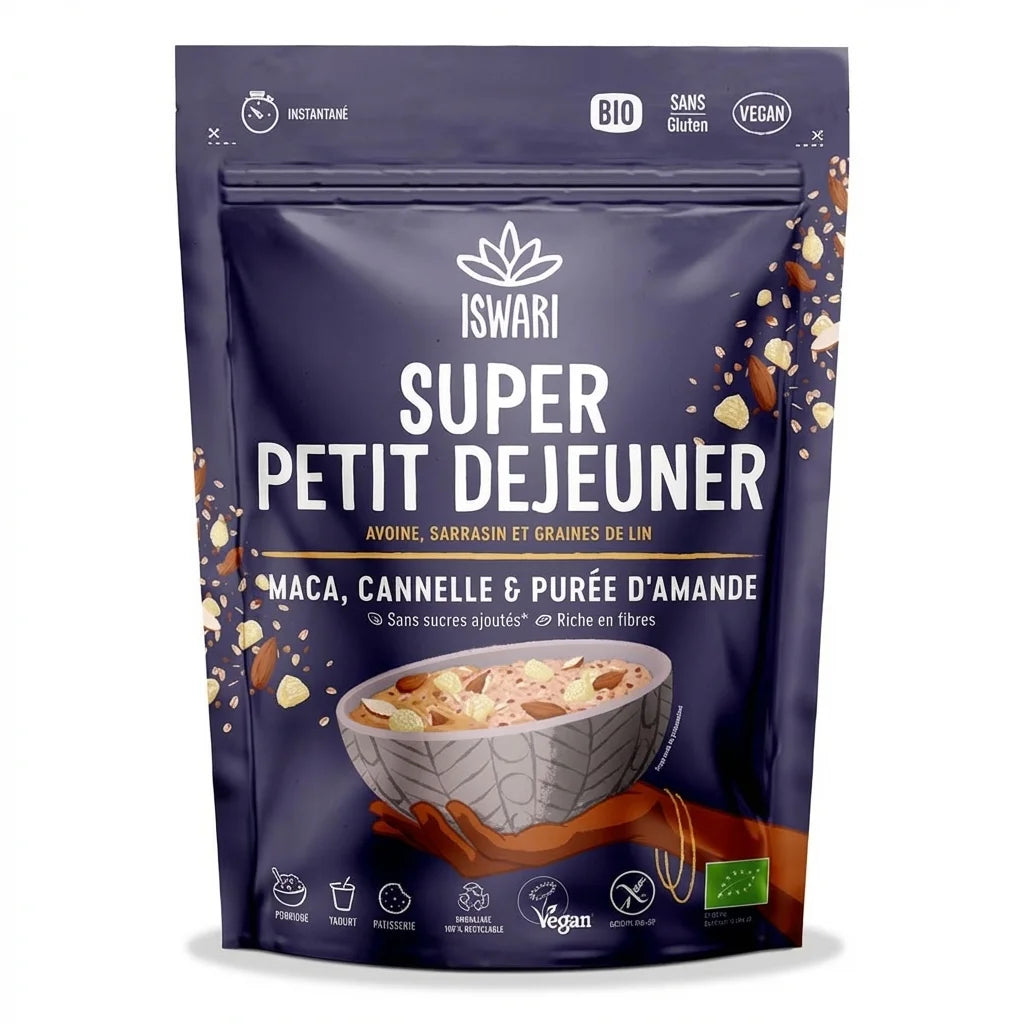 Iswari Super Petit Déjeuner Maca Cannelle Purée d'amandes 360g packaging bleu marine