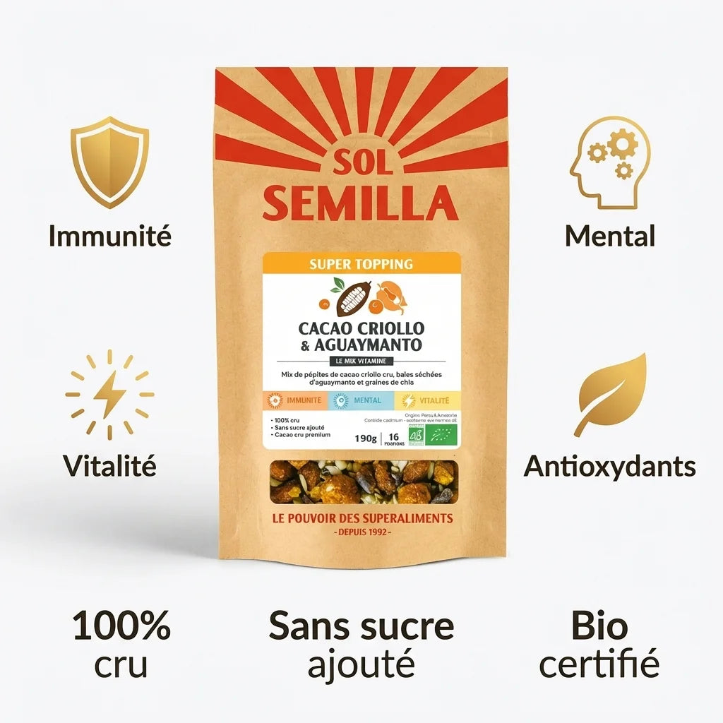 Sol Semilla Super Topping Exotique 190g Cacao Aguaymanto avec bénéfices santé immunité vitalité antioxydants
