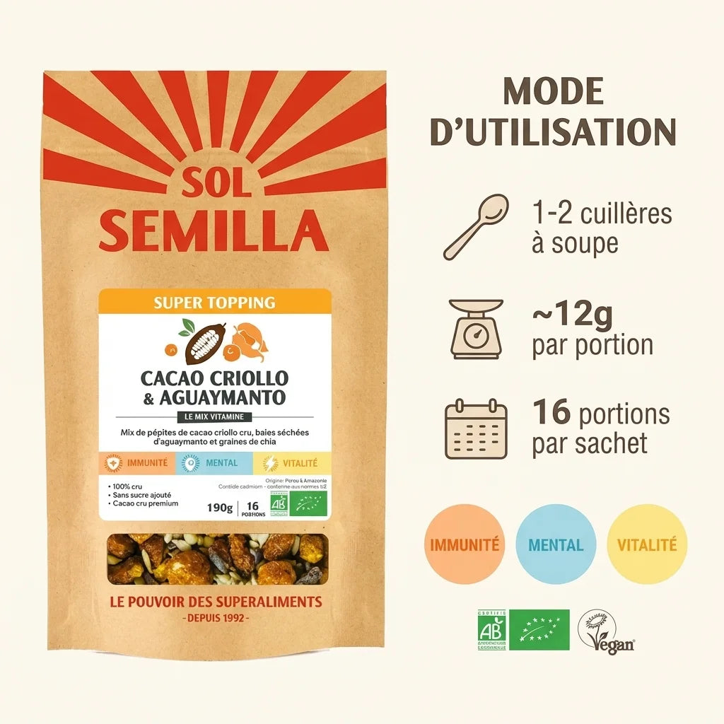 Super Topping Exotique 190g cacao aguaymanto Sol Semilla avec guide d'utilisation et certifications bio vegan