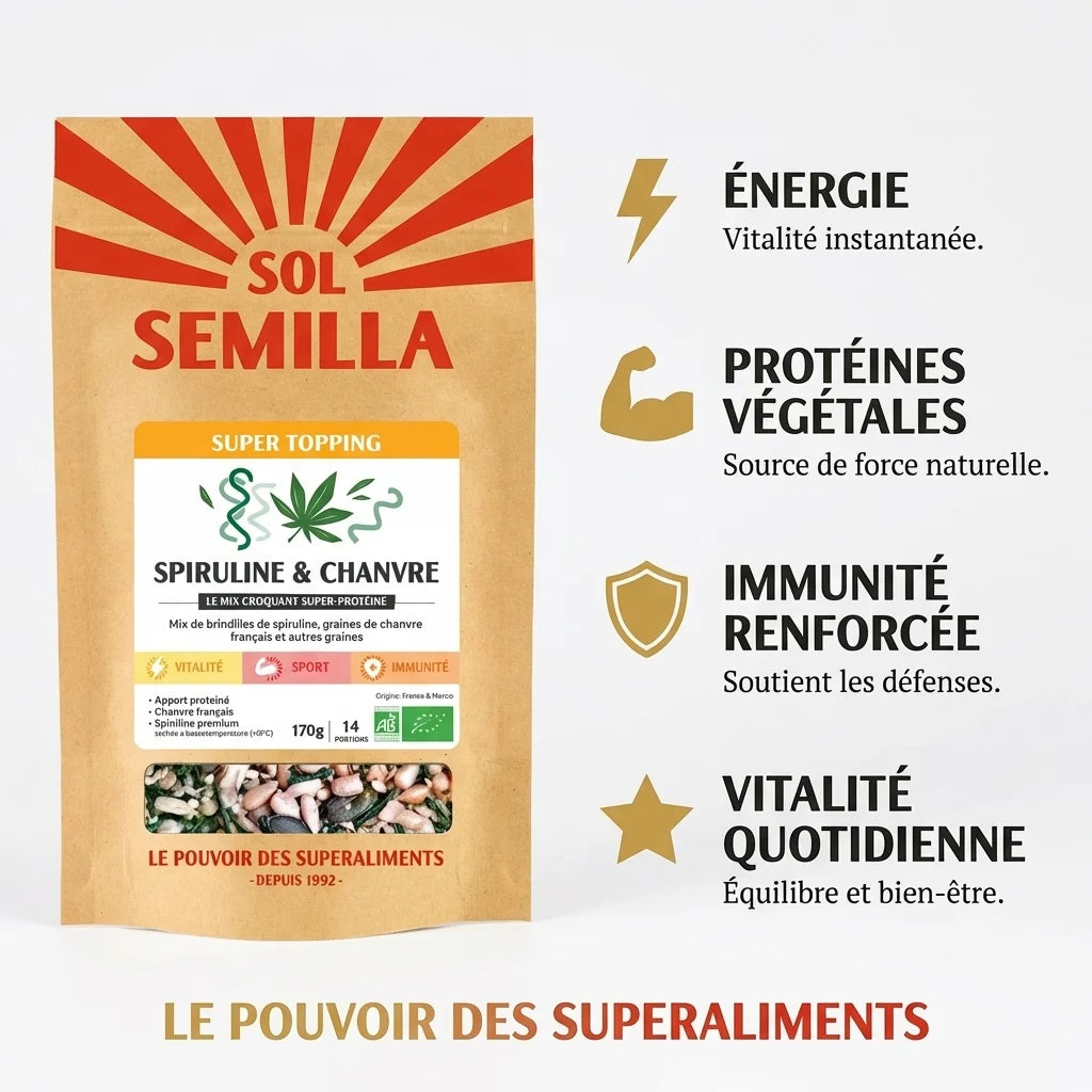Super Topping Vert Spiruline Chanvre bio Sol Semilla avec bénéfices énergie protéines immunité vitalité