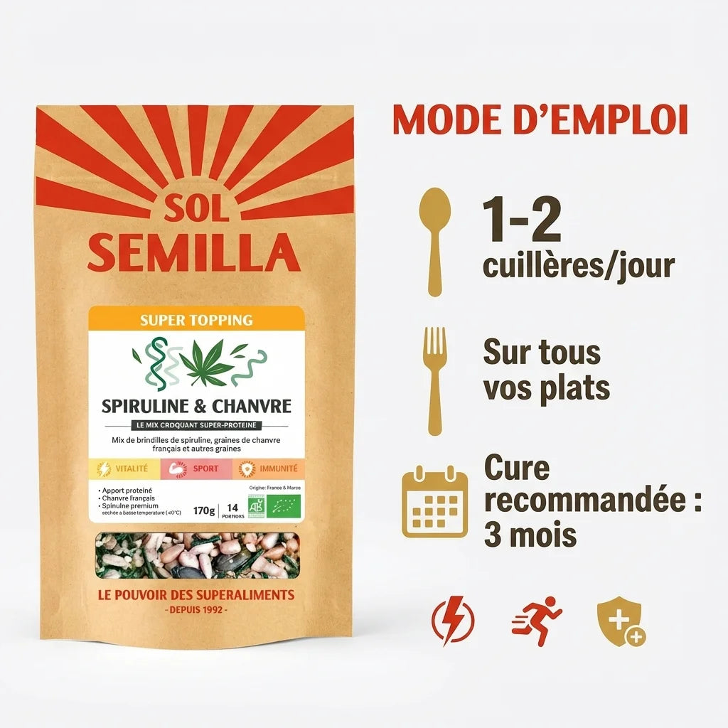 Super Topping Vert Spiruline Chanvre bio 170g Sol Semilla avec mode d'emploi