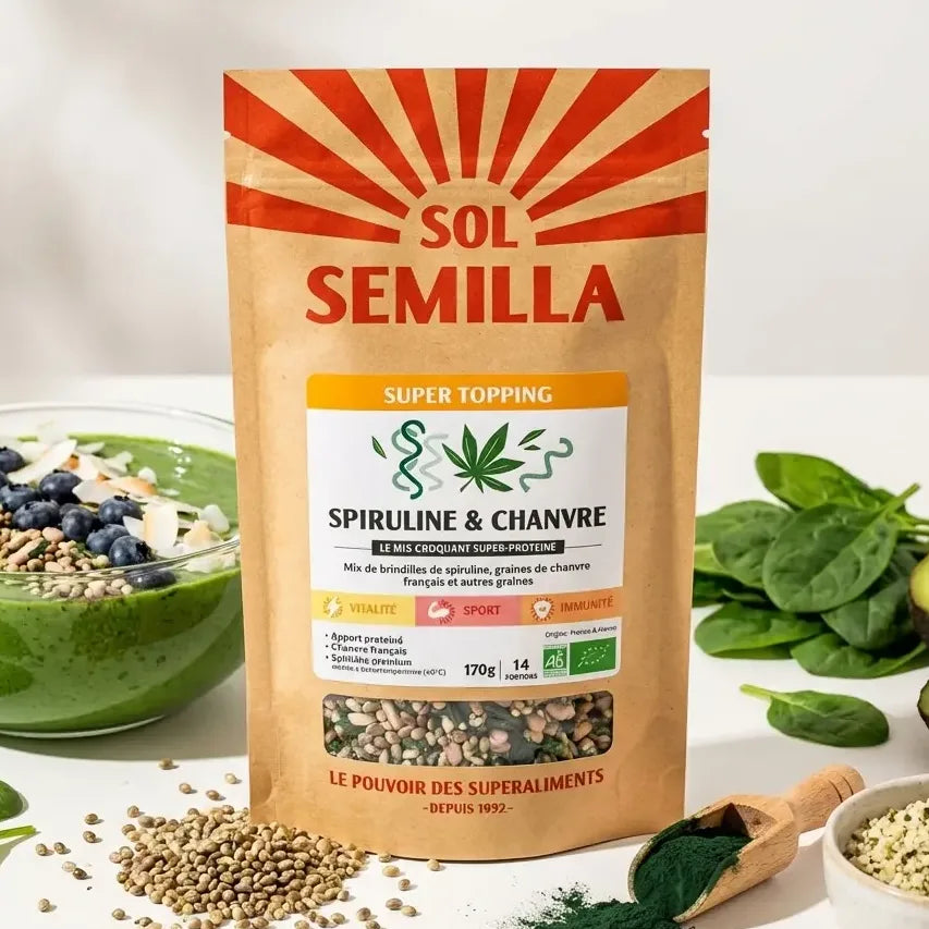Super Topping Vert Spiruline Chanvre Bio Sol Semilla 170g avec graines et poudre