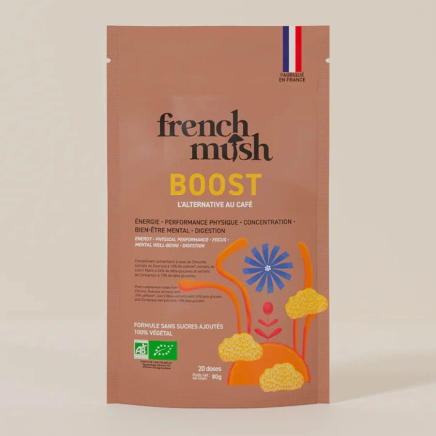 Un sachet de 20 doses de super café aux champignons adaptogènes BOOST de French Mush