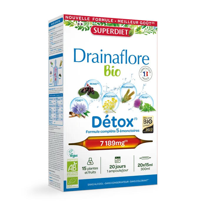 Une boite de Drainaflore Bio de 20 ampoules de Superdiet