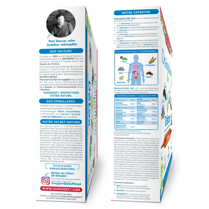 Vue sur les deux côtés d'une boite de Une boite de Drainaflore Bio de 20 ampoules de Superdiet, laissant apparaitre les ingrédients et la posologie