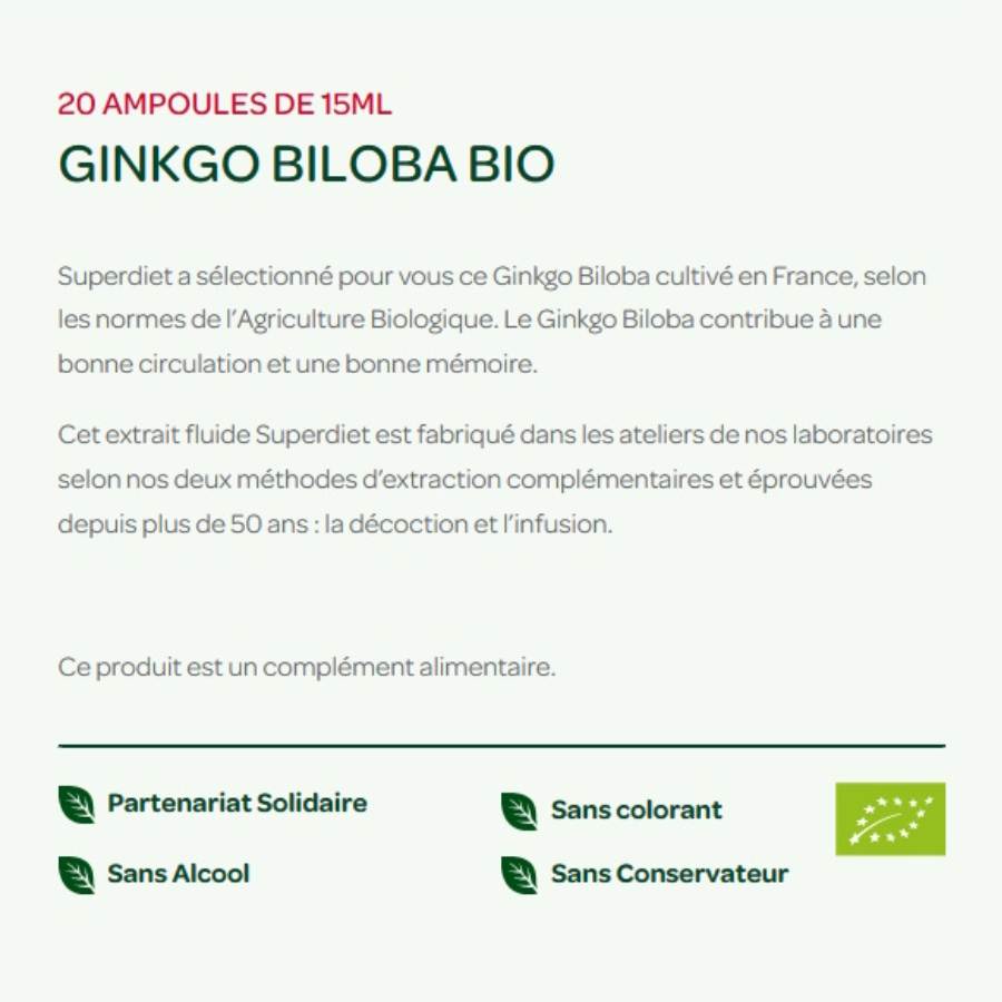 Caractéristiques du COFFRET de 20 AMPOULES DE 15 ML de GINKGO BILOBA BIO de Superdiet