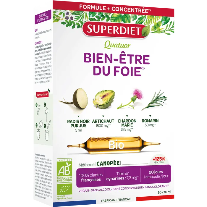 Une boite de 20 Ampoules  de Quatuor bien être du foie Bio Superdiet