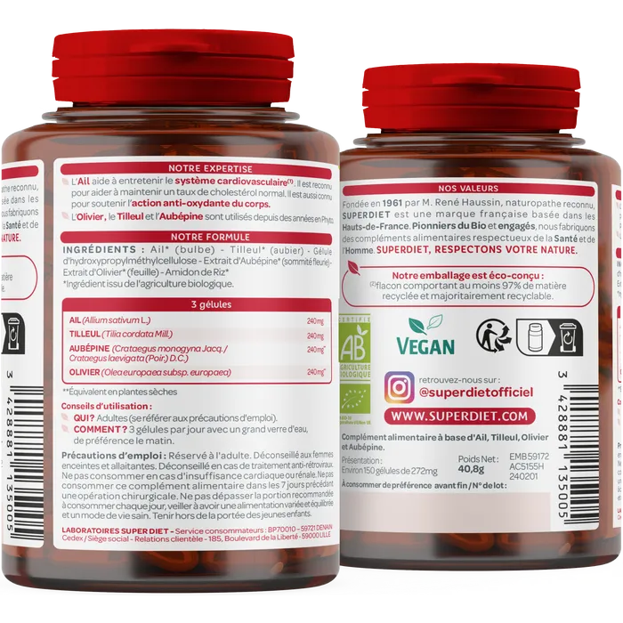 Le dos d'un pot de Quatuor Bio Cardiovasculaire de 150 Gélules de Superdiet