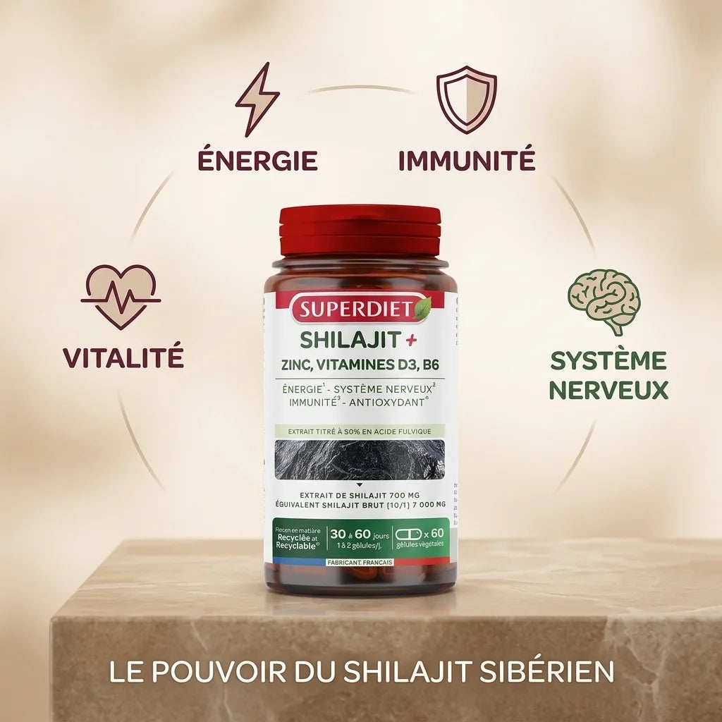 Superdiet Shilajit+ 60 gélules avec bénéfices énergie, immunité, vitalité et système nerveux