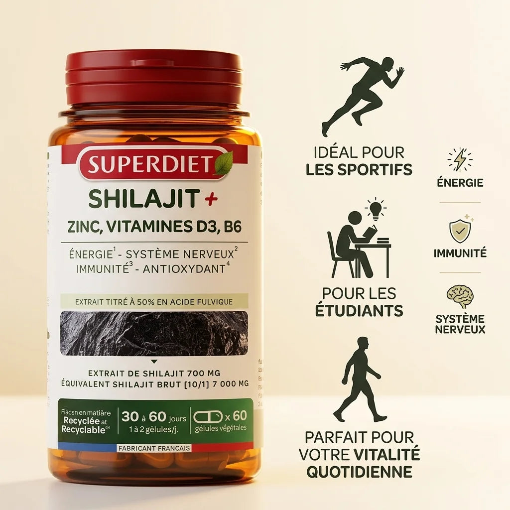 Superdiet Shilajit+ 60 gélules pour énergie, immunité et vitalité des sportifs et étudiants