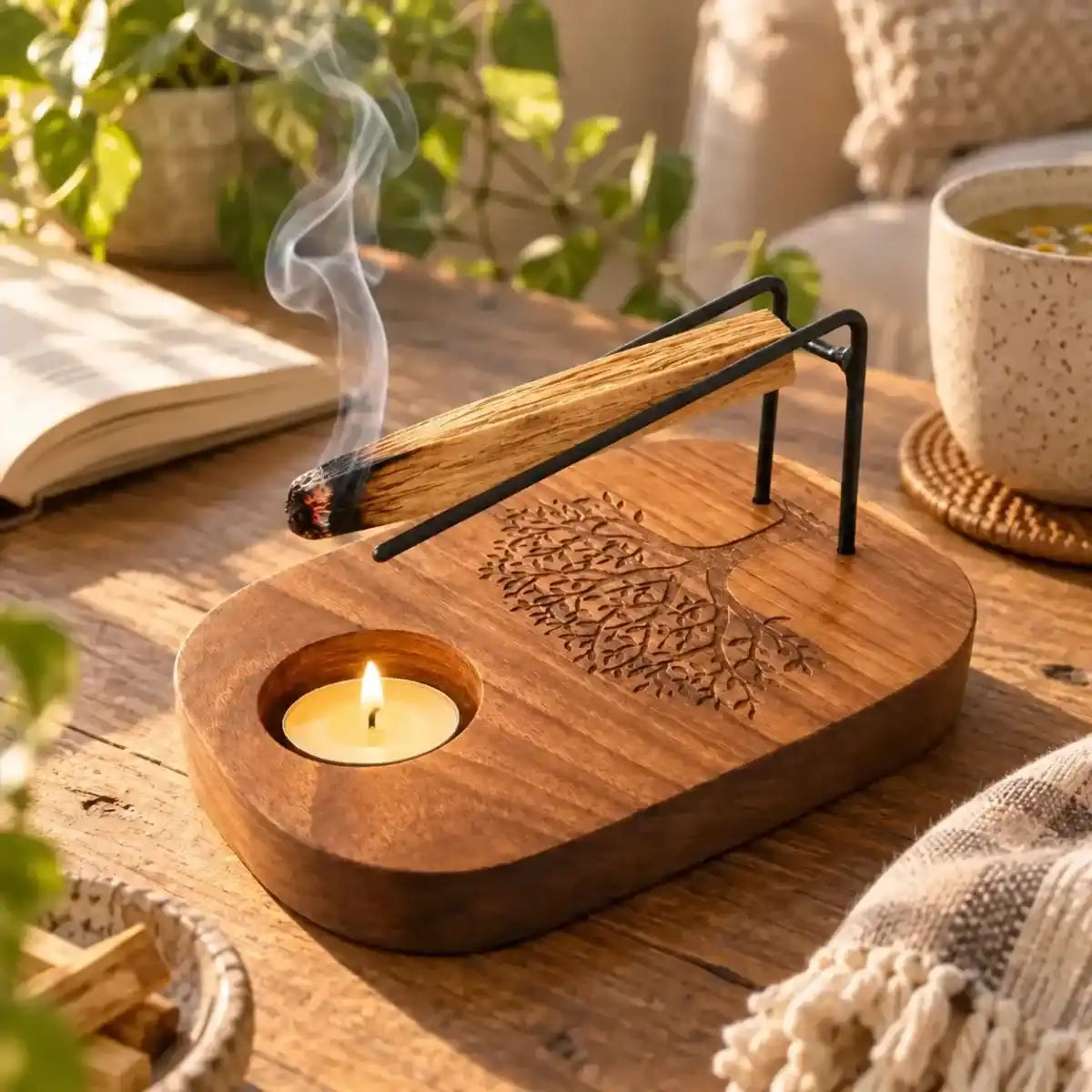 Un support de palo santo en bois de teck avec un motif arbre de vie avec un palo santo en train de se consummer 