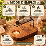 Support en teck avec Arbre de Vie gravé pour Palo Santo et sauge, pose d'encens et mode d'emploi en 5 étapes