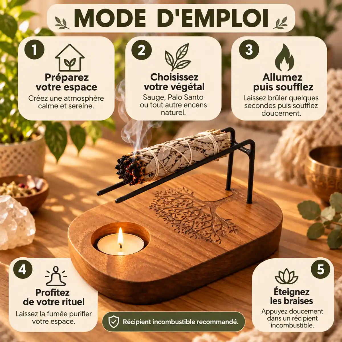 Support en teck avec Arbre de Vie gravé pour Palo Santo et sauge, pose d'encens et mode d'emploi en 5 étapes