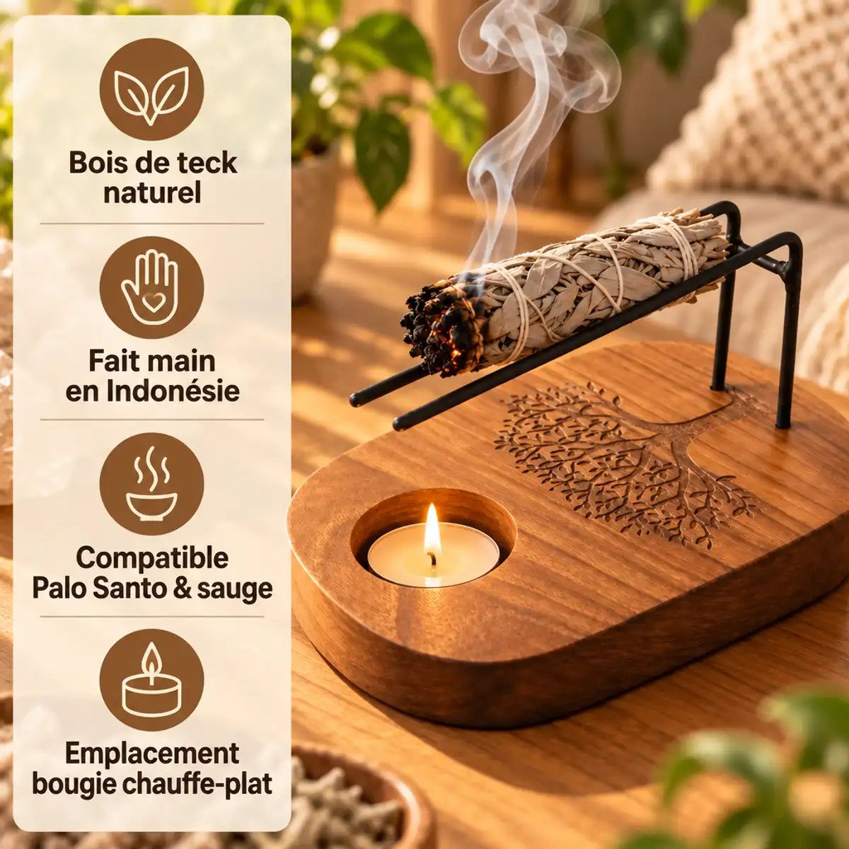 Support en teck naturel pour Palo Santo et sauge, motif Arbre de Vie gravé, fait main en Indonésie, avec emplacement bougie