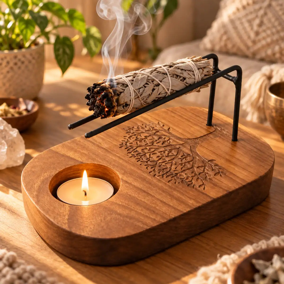 Support en bois de teck pour palo santo et sauge, avec bougie chauffe-plat, fumée parfumée et décor zen