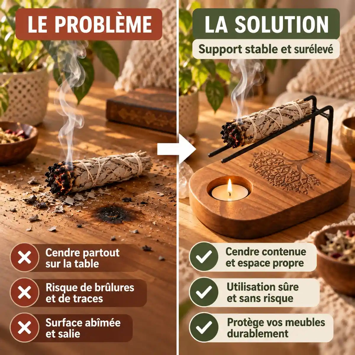 Comparatif : support arbre de vie en teck pour palo santo et sauge, stable et surélevé, contre les cendres