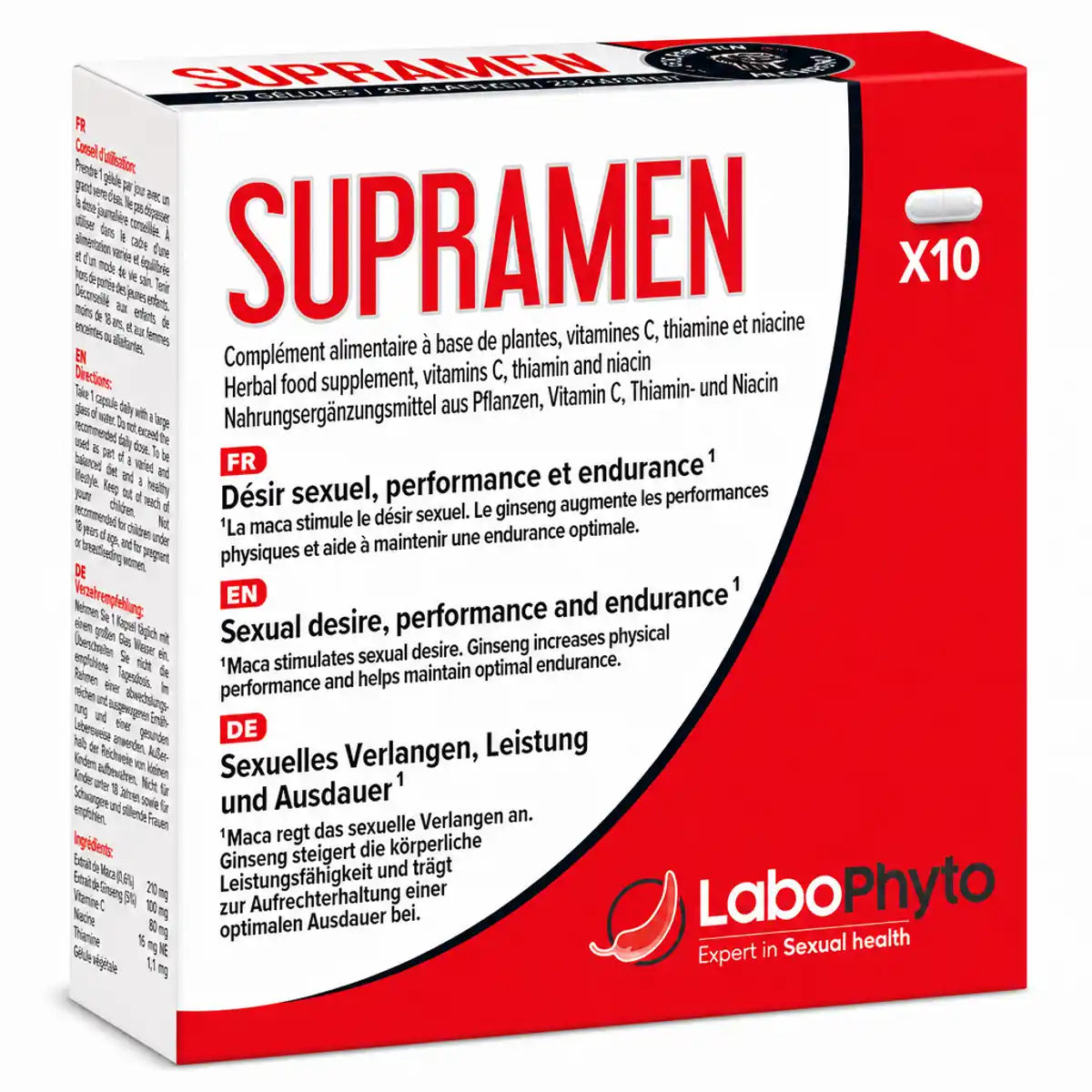 Boîte Supramen 10 gélules Labophyto, complément alimentaire en packaging rouge et blanc