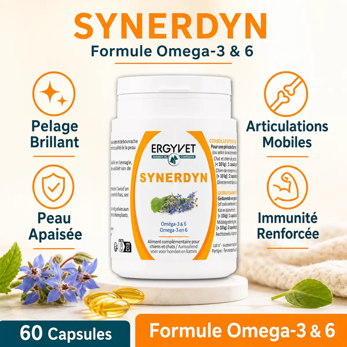 Synerdyn Omega 3&6 60 capsules Ergyvet pour pelage brillant, peau apaisée et articulations mobiles chien chat