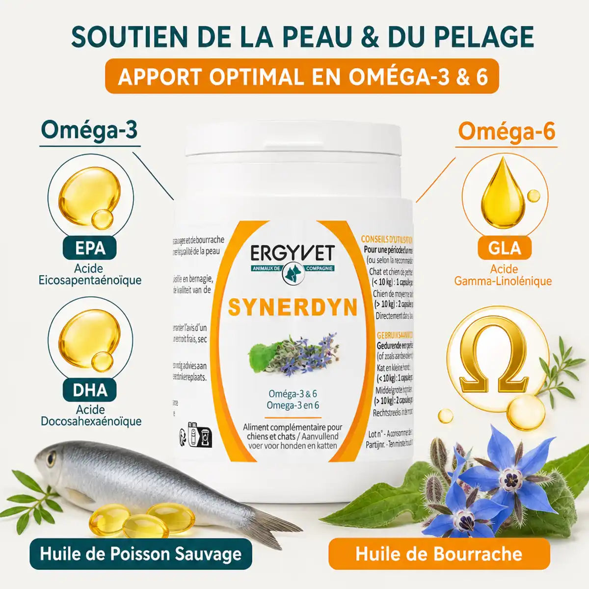 Synerdyn Oméga 3 & 6 Ergyvet flacon 60 capsules pour chien et chat avec ingrédients naturels