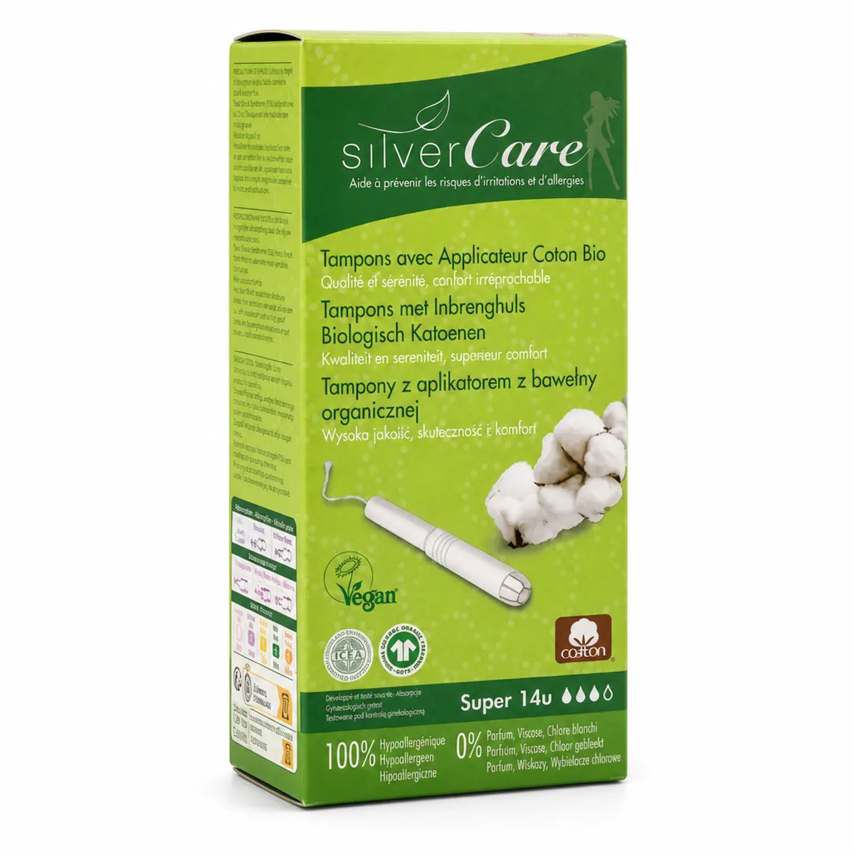 Tampons applicateur coton bio Flux Super Silver Care boîte verte