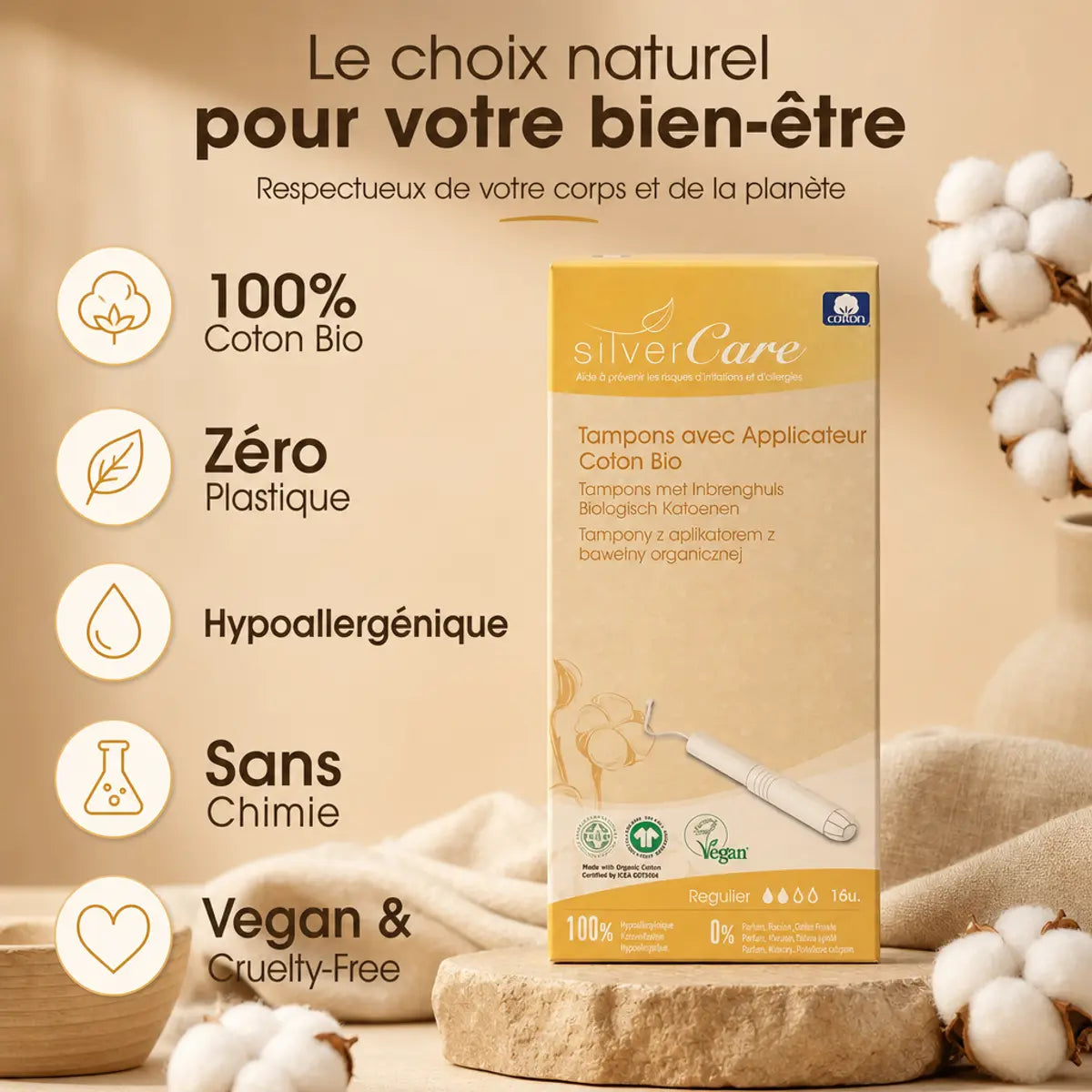 Tampons Silvercare coton bio avec applicateur, 100% naturel et sans plastique