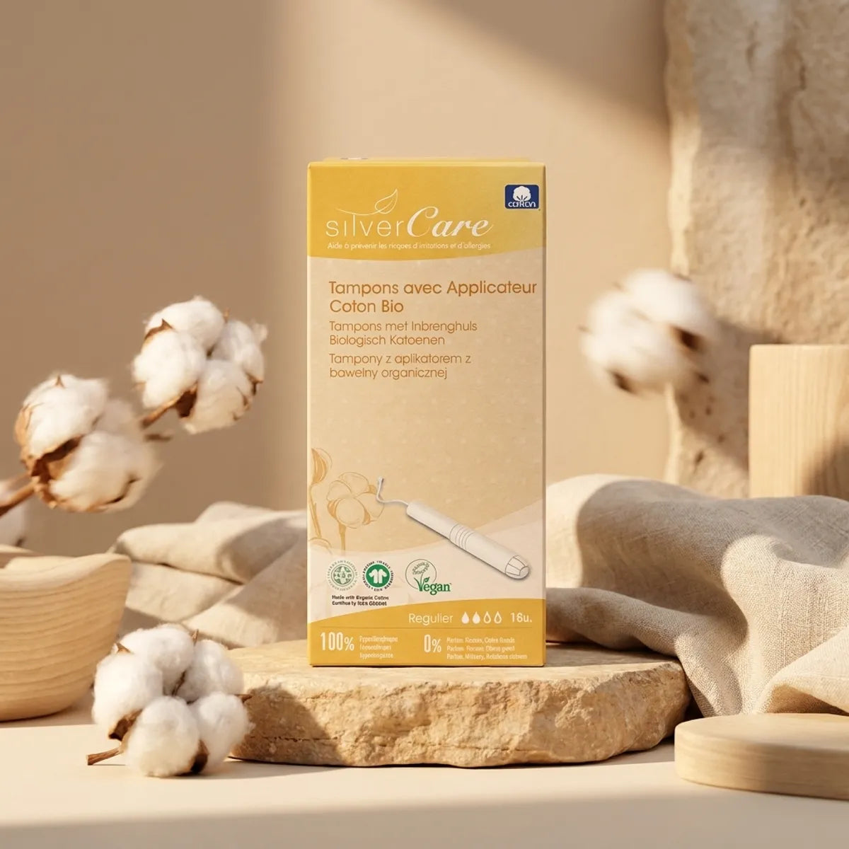 Tampons coton bio Silvercare avec applicateur, packaging écologique et naturel