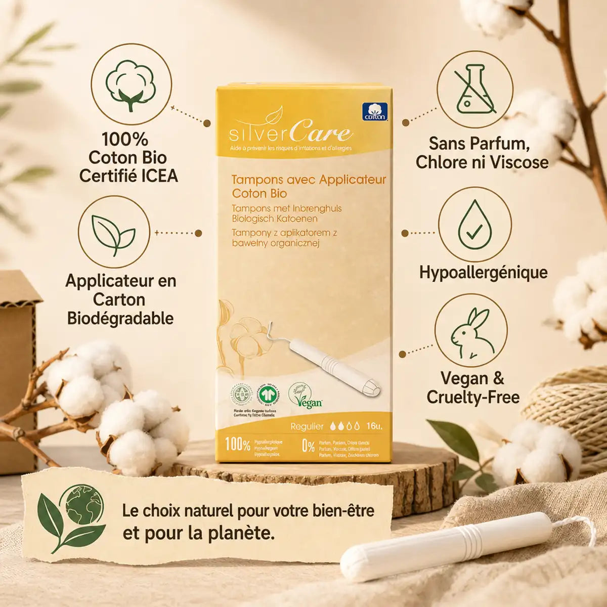 Tampons Silvercare coton bio certifié avec applicateur carton biodégradable, hypoallergénique et vegan