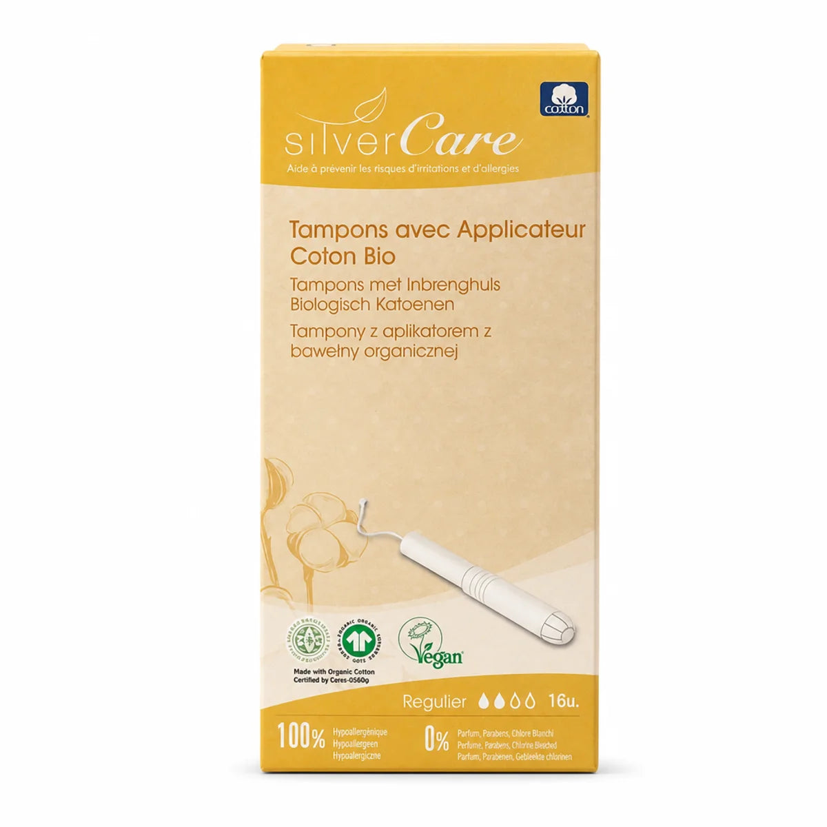 Tampons coton bio Silvercare avec applicateur - boîte de 16 pièces
