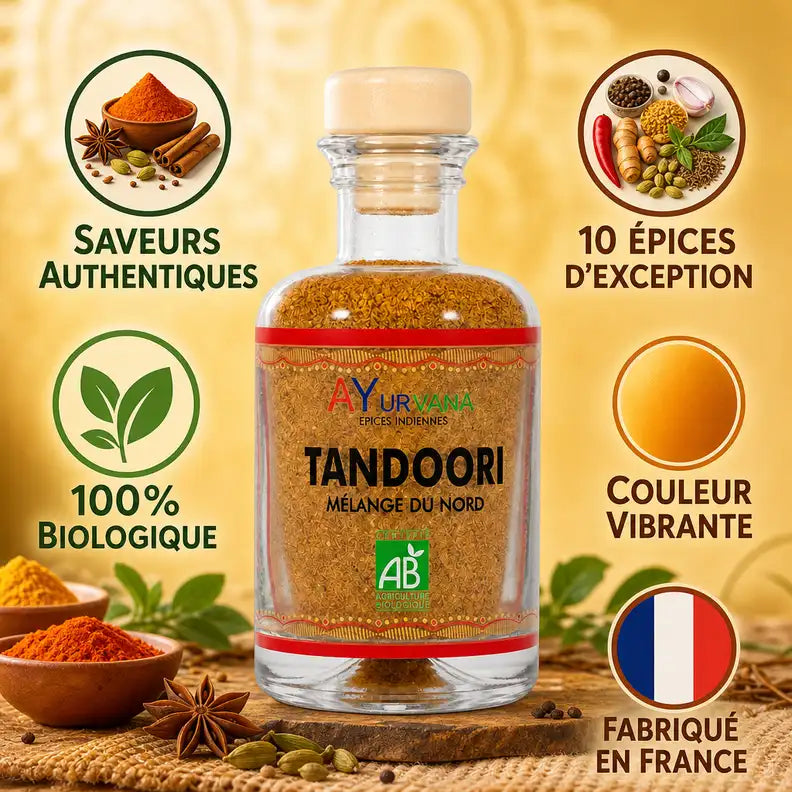 Tandoori Bio AyurVana 50g flacon verre avec avantages : biologique, 10 épices, fabriqué France