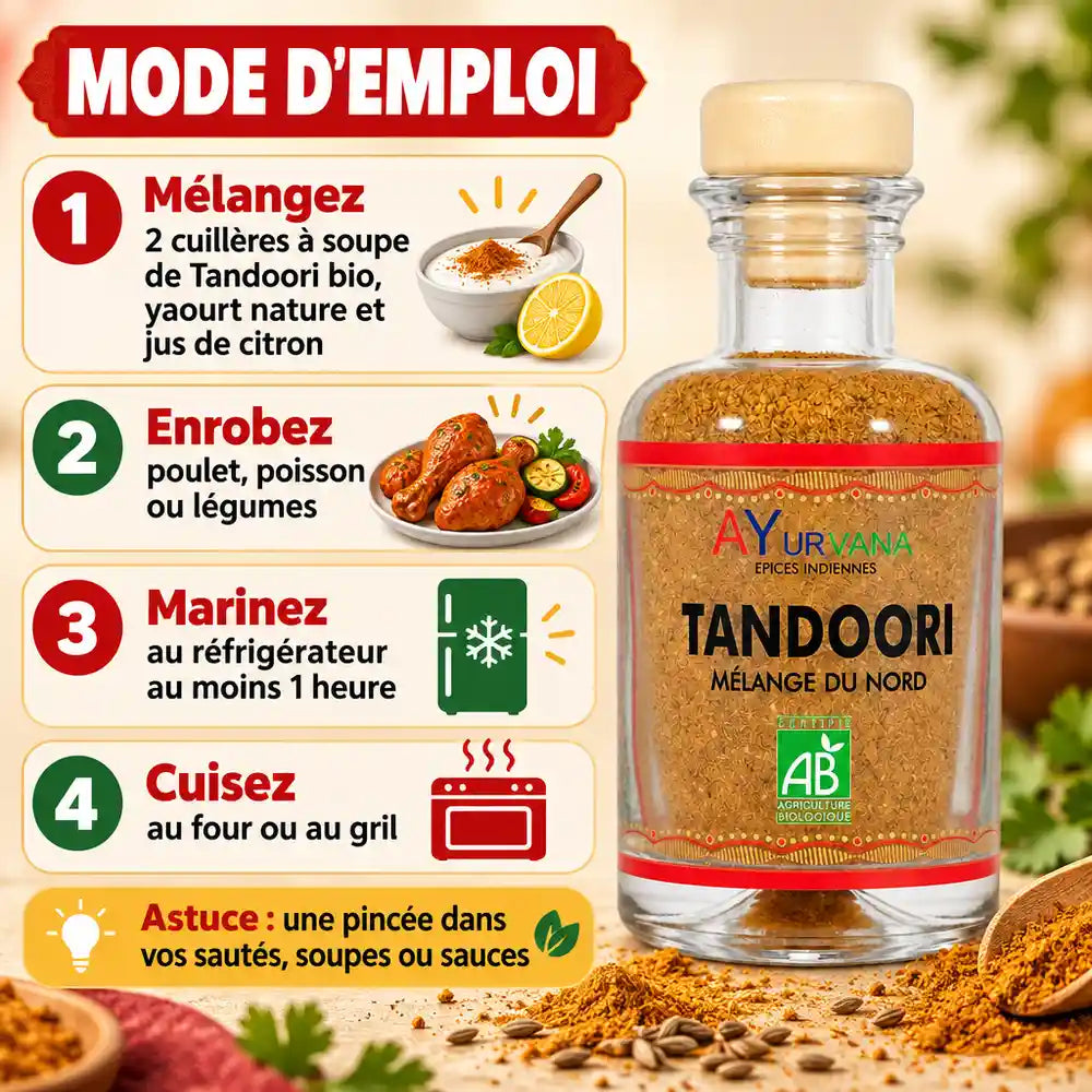 Flacon de Tandoori bio mélange du Nord 50 g AyurVana, avec mode d'emploi en 4 étapes pour mariner poulet, poisson ou légumes