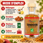 Flacon de Tandoori bio mélange du Nord 50 g AyurVana, avec mode d'emploi en 4 étapes pour mariner poulet, poisson ou légumes