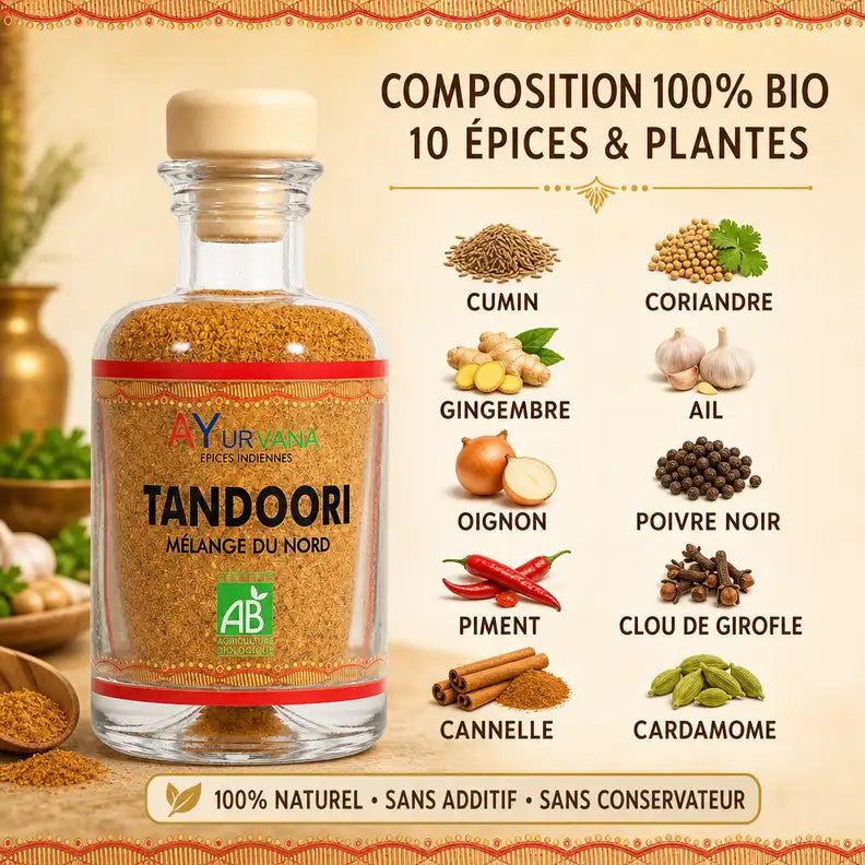 Flacon verre Tandoori Bio 50g AyurVana avec 10 épices organiques du Nord et certification AB