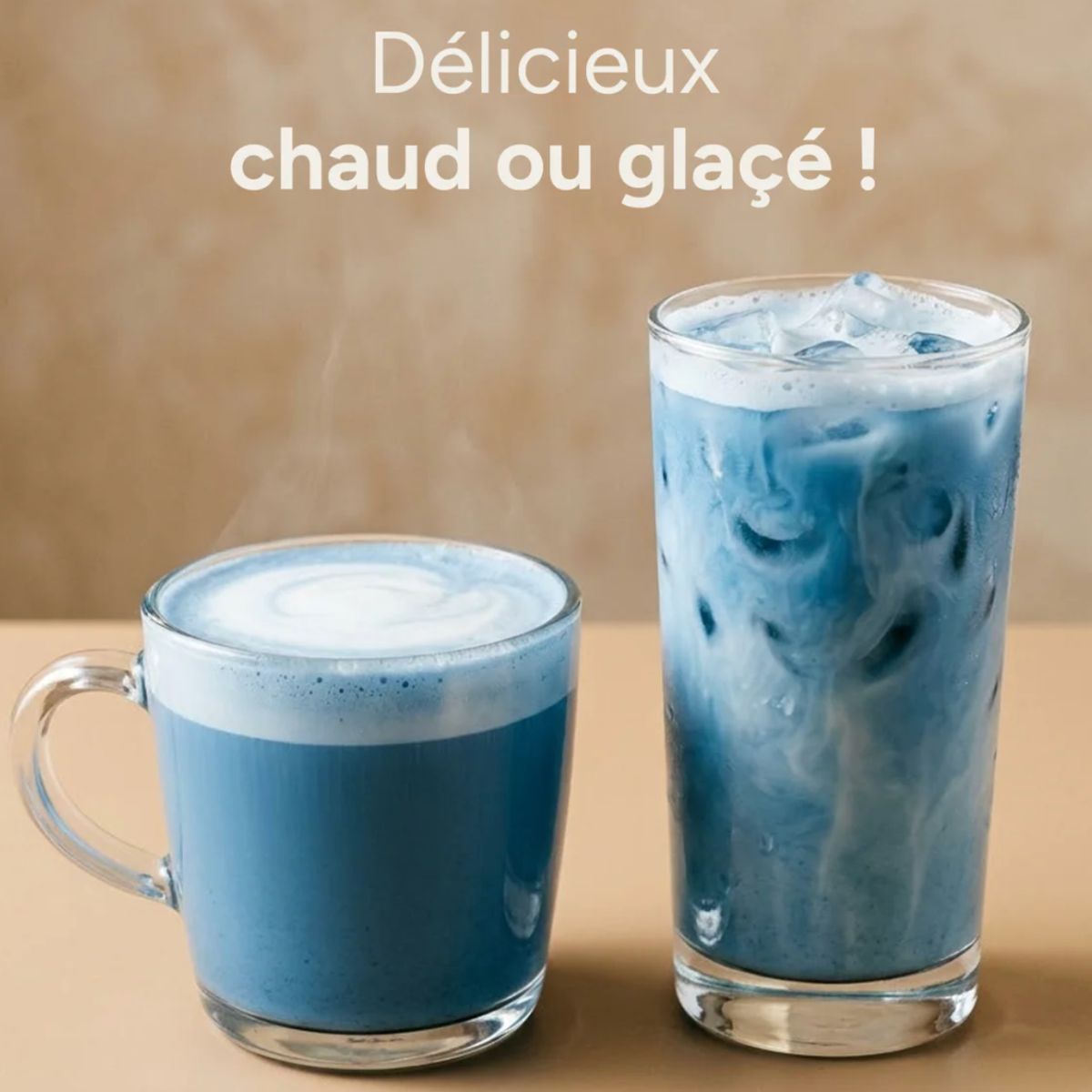 deux tasses montrant le produit blue moon chaud ou froid 
