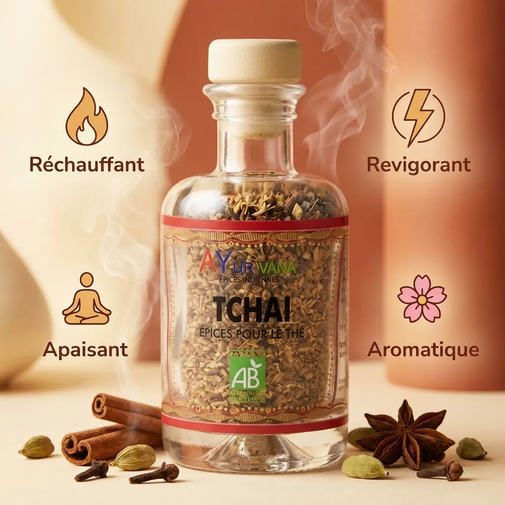 Tchaï Bio AyurVana 50g en flacon verre avec bénéfices : réchauffant, revigorant, apaisant et aromatique