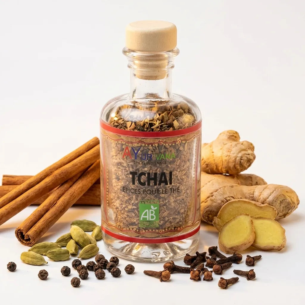 Tchaï Bio AyurVana flacon 50g entouré d'épices: cannelle, gingembre, cardamome, clou de girofle