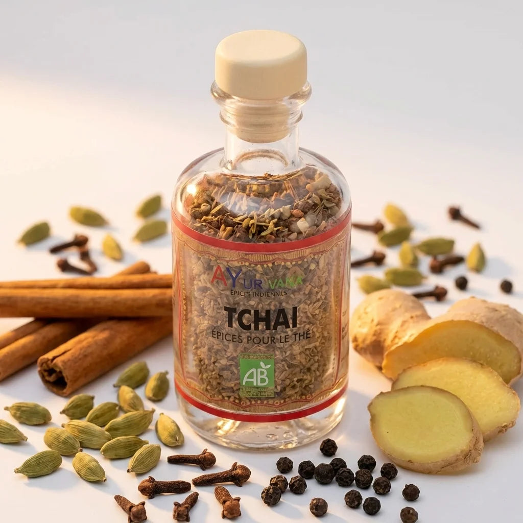 Tchaï bio AyurVana en flacon verre 50g avec épices : cannelle, cardamome, clou de girofle et gingembre