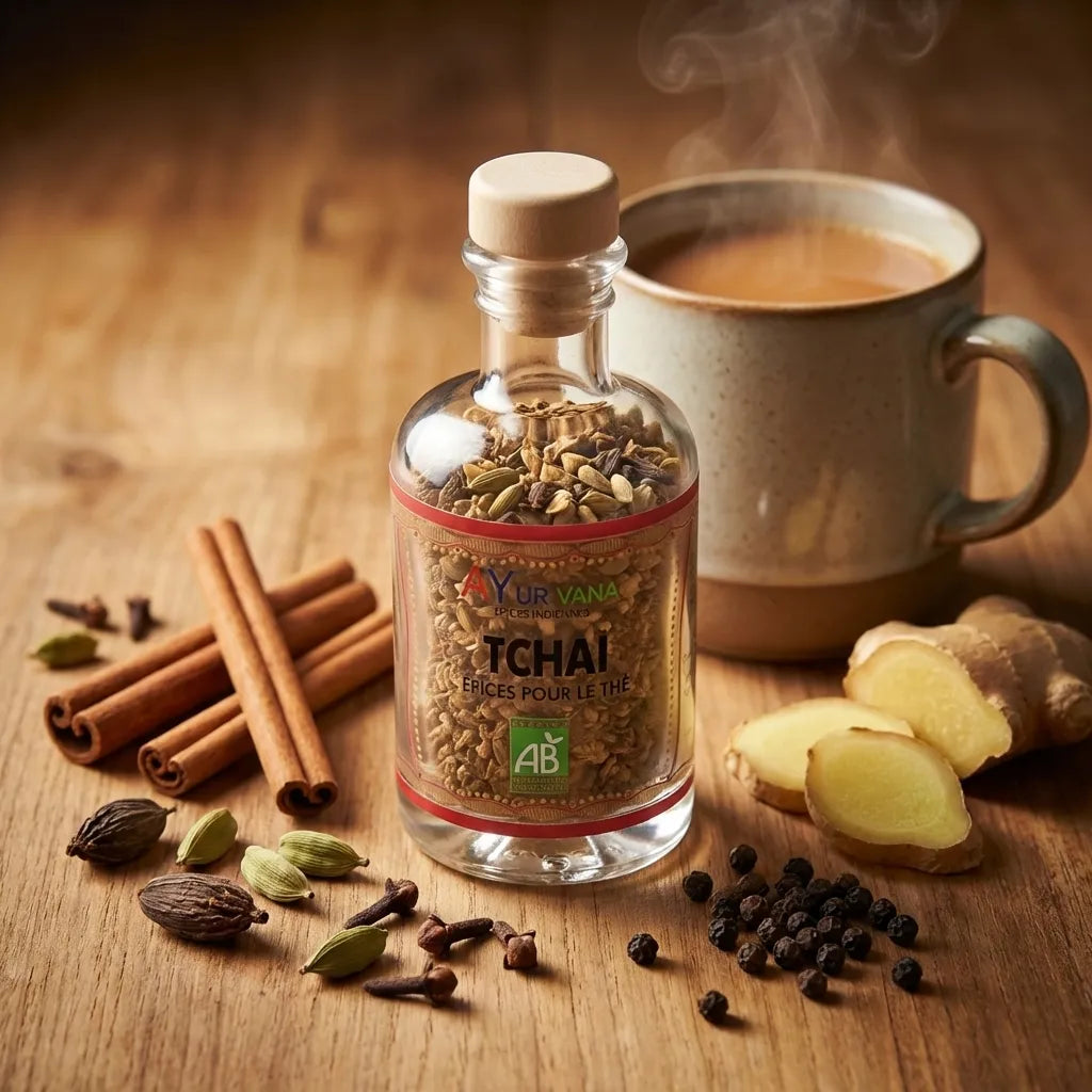 Tchaï Bio AyurVana 50g flacon verre avec épices bio cinnelle cardamome gingembre et tasse de thé chai
