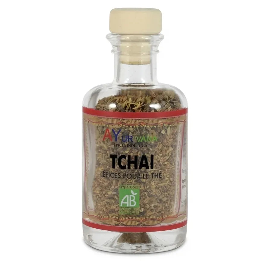 Flacon verre 50g Tchaï Bio AyurVana épices thé certifié AB